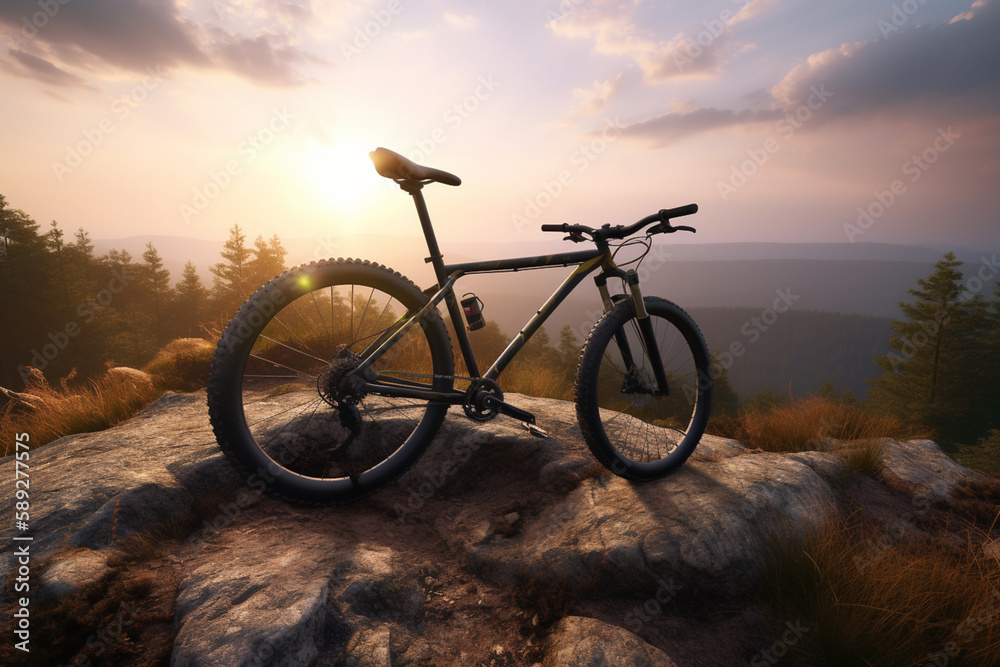 Professional mountainbike on top of mountain hill at sunset. Concept of cross country biking and extreme outdoor sports.