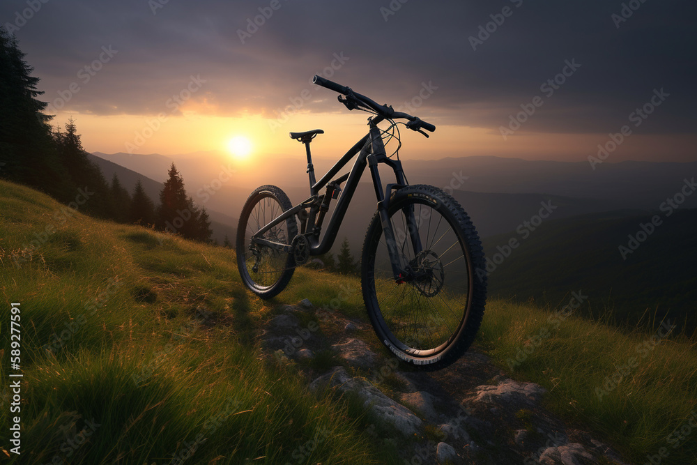 Professional mountainbike on top of mountain hill at sunset. Concept of cross country biking and extreme outdoor sports.