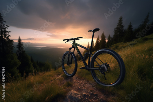 Professional mountainbike on top of mountain hill at sunset. Concept of cross country biking and extreme outdoor sports.