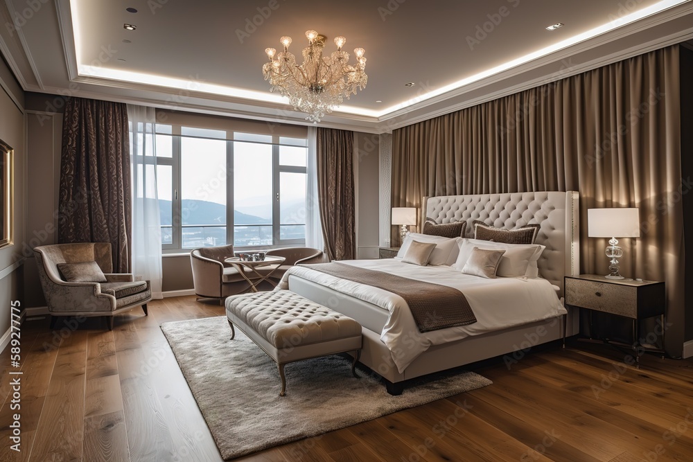 Modern contemporary loft bedroom | Luxurious large bedroom | Luxury double bedroom with golden furniture in royal interior | Luxurious bedroom with gilt double bed and bedside tables, Generative AI