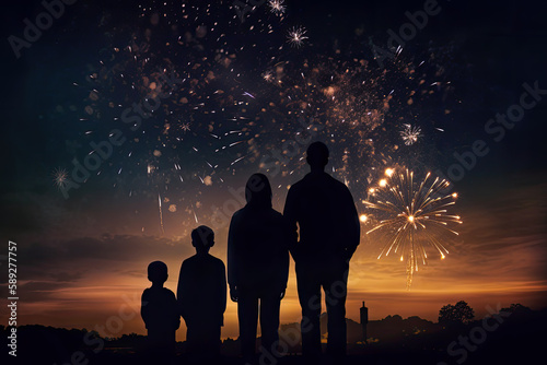 AI Generative Illustration of a family looking at fireworks exploding in multiple colors over the sky at night