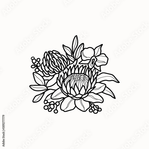 Line art Australian flowers bouquet