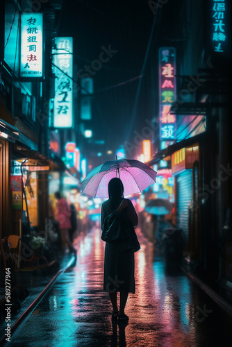 Silhouette of mysterious woman with umbrella on streets of Tokyo, Japan.