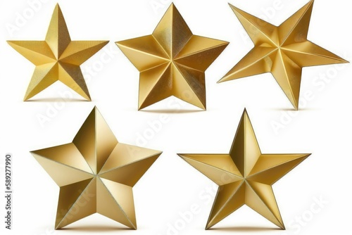Five gold stars isolated on white background. 3d render illustration