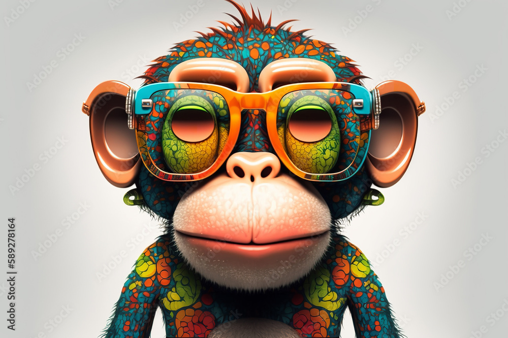 Poster Print Cartoon colorful monkey with sunglasses on white background Created with genera 40x26.7 cm