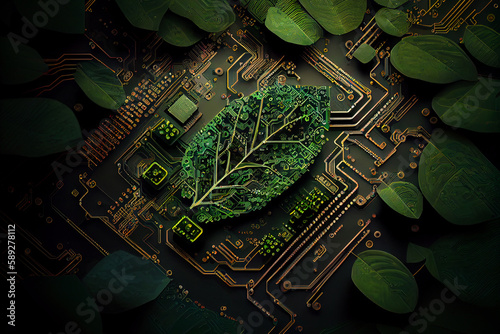 Illustration of motherboard or cicruit board covered with leaves roots and plants, concept of sustainable development and green energy ecology. photo