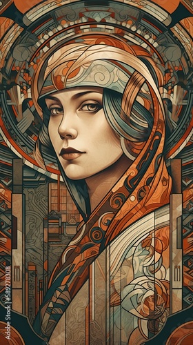 Illustration of woman and art deco, AI generrated