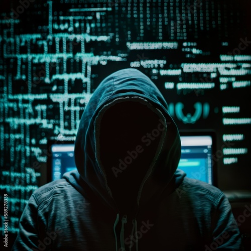  hacker in a dark room, with code and data on multiple screens