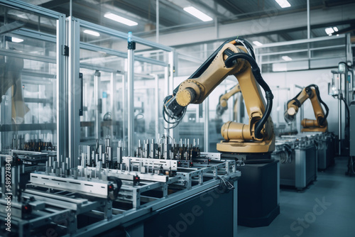 Industrial machine robot arm, smart modern factory automation using advanced machines, industrial 4.0 manufacturing process.