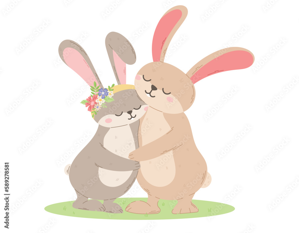 Fototapeta premium Two cute Hugging Hares in a clearing. Vector isolated flat illustration of animal couple in love.