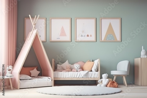 Desk,chair and single bed with blue bedding in cosy bedroom interior for children   Multifunctional bedroom and workspace interior with desk   Interior of modern children's room, Generative AI © Azar