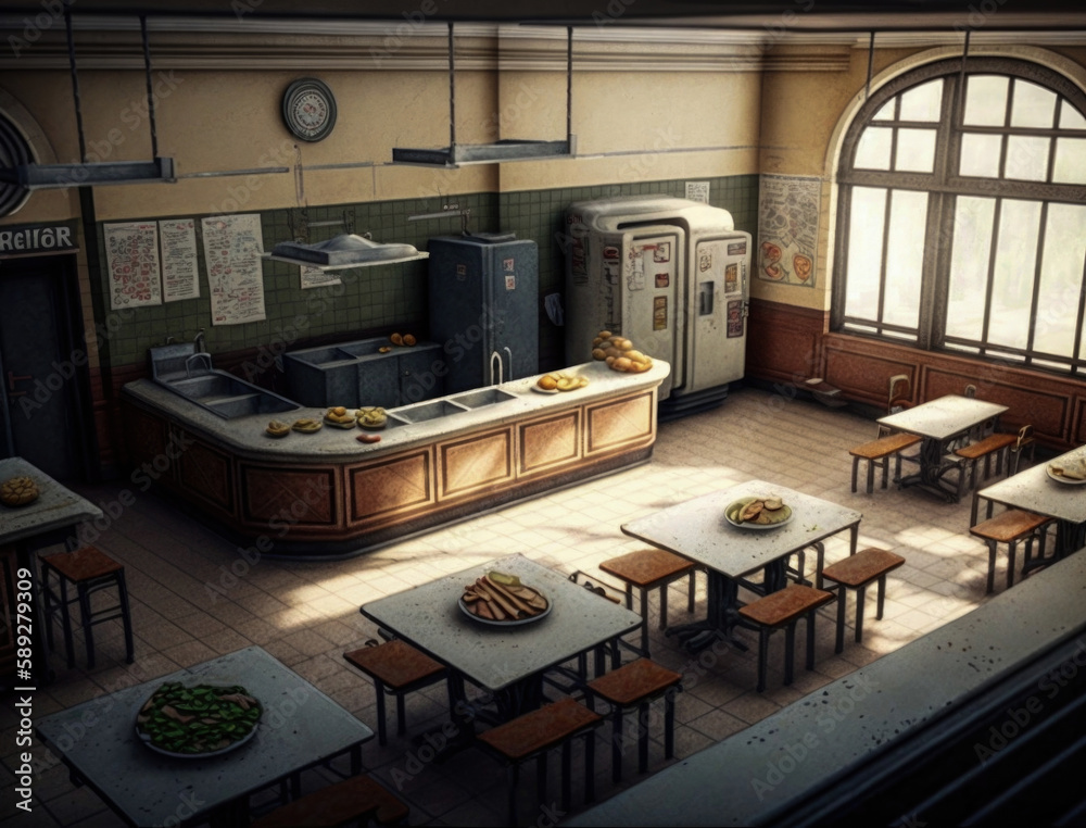 School cafeteria photo realistic Cafeteria or canteen interior. School ...