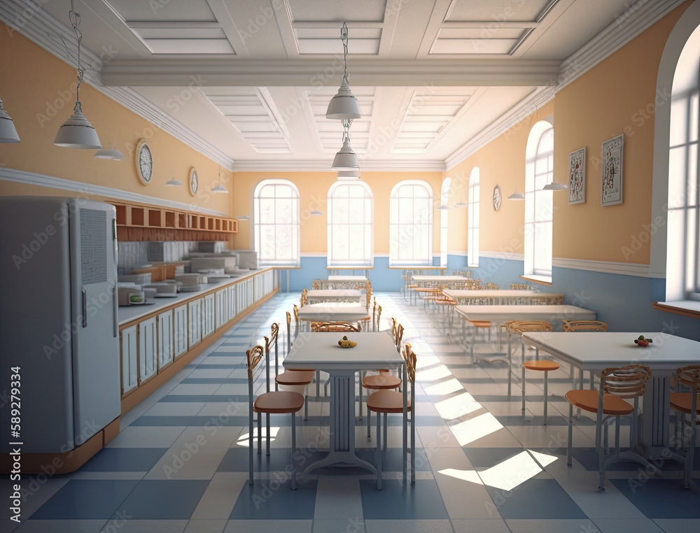 School cafeteria photo realistic Empty dining table and chair in
