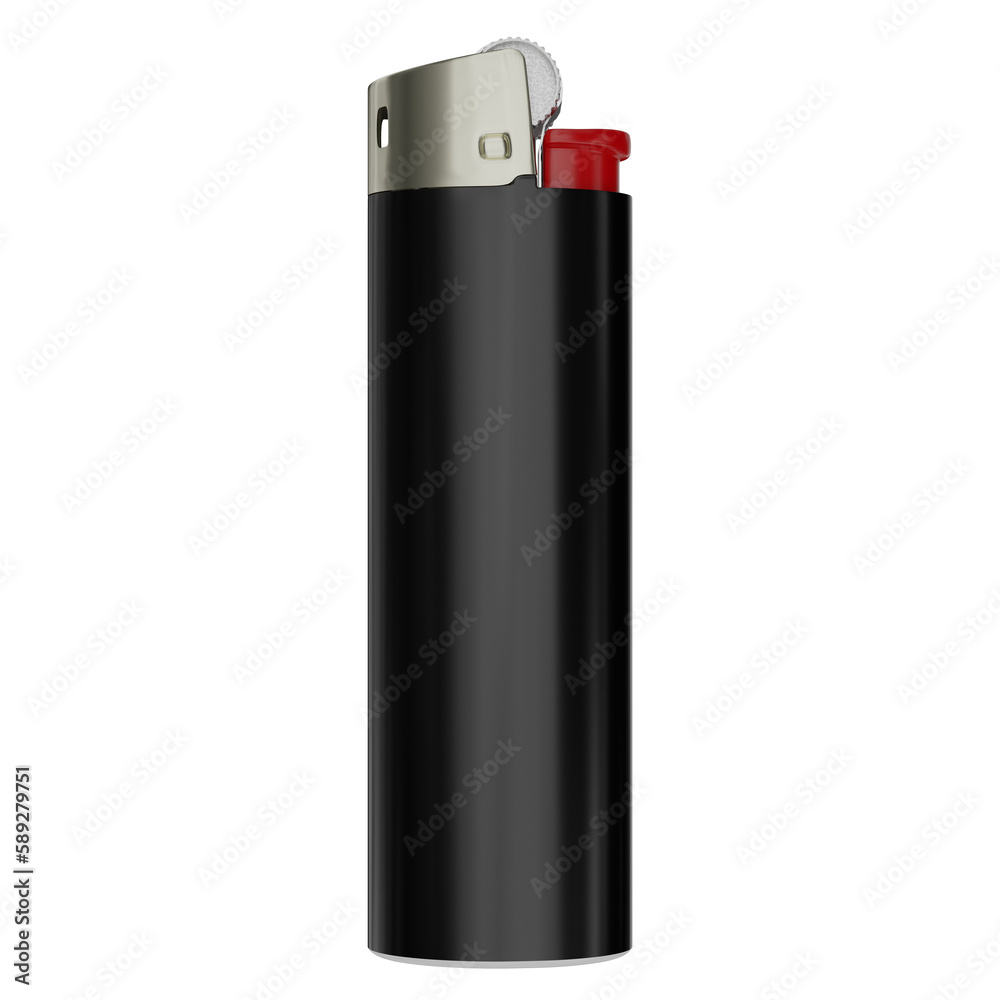 Black gas lighter with a drum and a red button. On a transparent background. 3D illustration