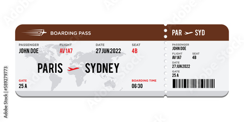 brown and white Airplane ticket design. Realistic illustration of airplane boarding pass with passenger name and destination. Concept of travel, journey or business trip. Isolated on white background