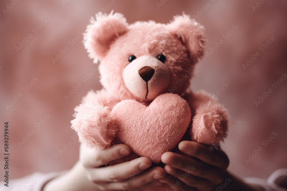 Fototapeta premium Valentines day and love concept. Woman hands holding pink fluffy teddy bear with pink heart. Generative AI