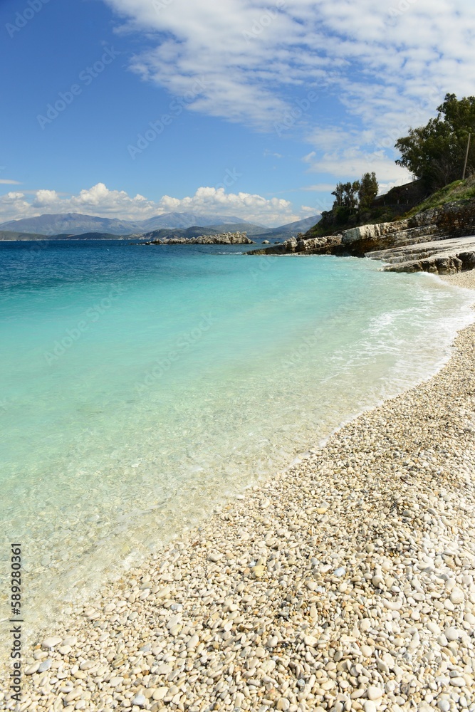 Corfu island, Greece- Kassiopi a small Northern town with beautiful beaches in Spring and turquoise sea in Spring.