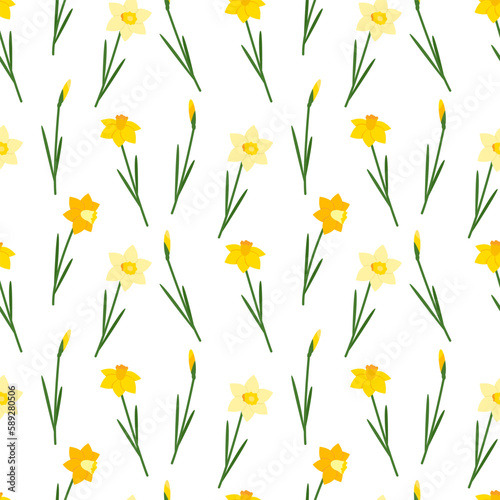 Fototapeta Naklejka Na Ścianę i Meble -  Yellow daffodils on a white background. Daffodils are spring flowers. Seamless pattern. Can be used to fill web page background, textile, wrapping paper. Vector