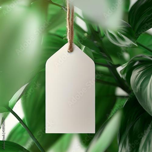 empty paper or cardboard label hanging from tree or bush twig
