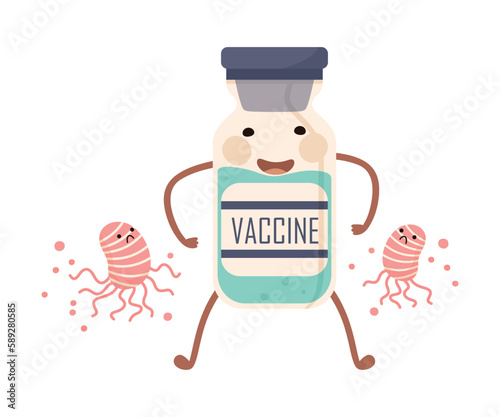 Funny strong antiviral vaccine glass bottle character cartoon vector illustration