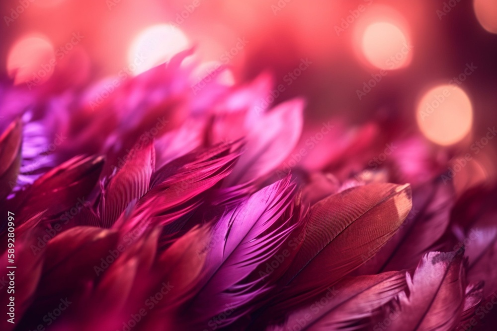 Obraz premium Pink feathers background, bokeh Generative AI