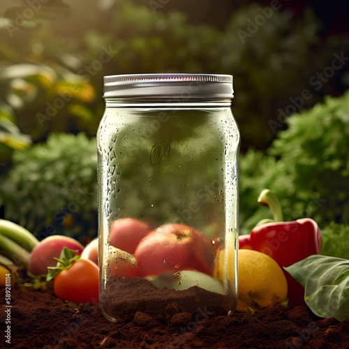 empty mason jar standing in a garden bed densly surrounded by fresh vegetables and salad plants photo