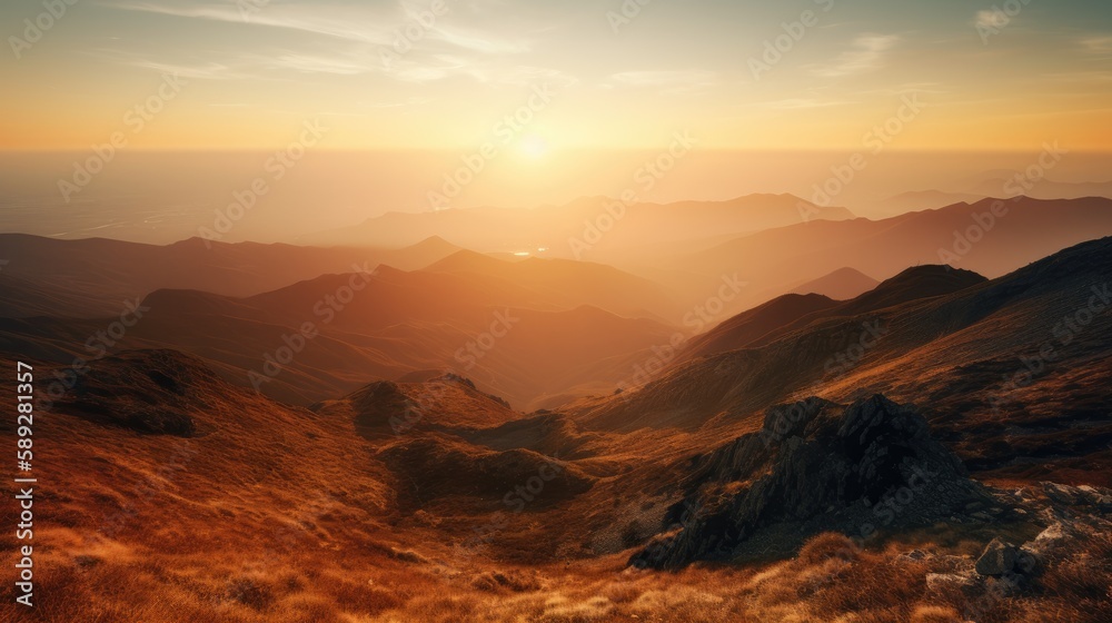 A breathtaking landscape of a mountain range at sunset, with warm tones of orange and yellow in the sky. generative ai