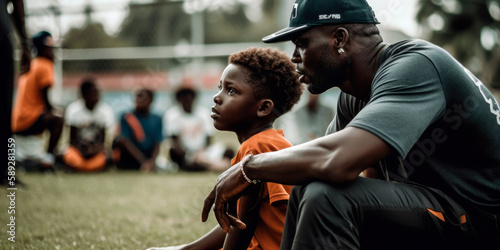 professional athlete coaching a young player from an underprivileged background (created with Generative AI) photo