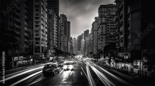 A dramatic black and white cityscape of a busy street with high-rise buildings and blurred traffic lights. generative ai © Creative Station