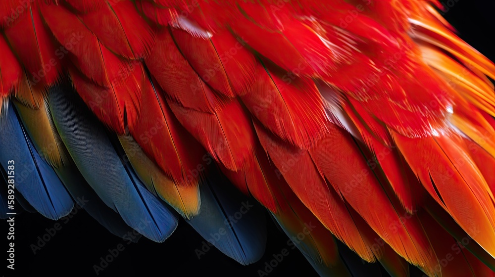 close up of Scarlet macaw bird's feather, generative ai close up of Scarlet macaw bird's feather, generative ai