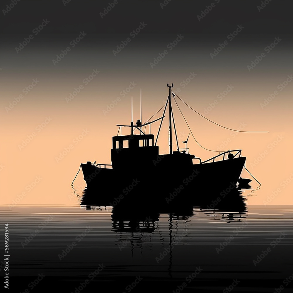 Silhouette of small fishing ship at sea..