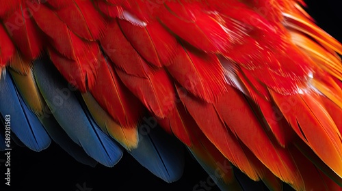 close up of Scarlet macaw bird's feather, generative ai