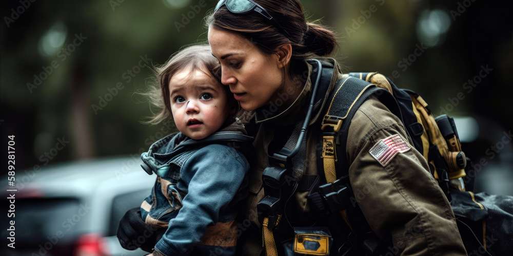 A female firefighter carrying a child to safety during a rescue mission, demonstrating authority, confidence, and responsibility in her role (created with Generative AI) - obrazy, fototapety, plakaty 