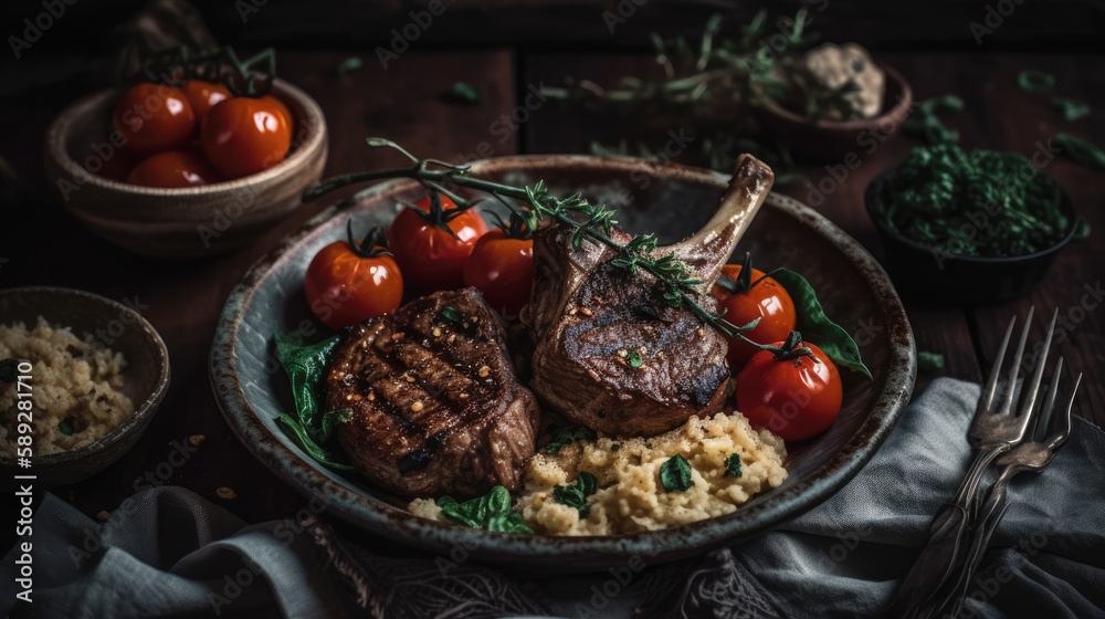 Roasted Lamb Chops with Couscous and Roasted Tomotoes-Mediterranean Food-Generative AI