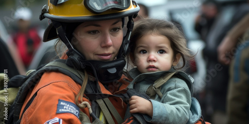 A female firefighter carrying a child to safety during a rescue mission, demonstrating authority, confidence, and responsibility in her role (created with Generative AI)