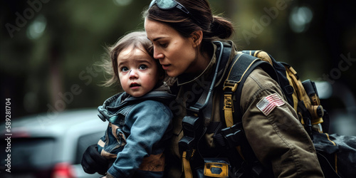 A female firefighter carrying a child to safety during a rescue mission, demonstrating authority, confidence, and responsibility in her role (created with Generative AI) photo