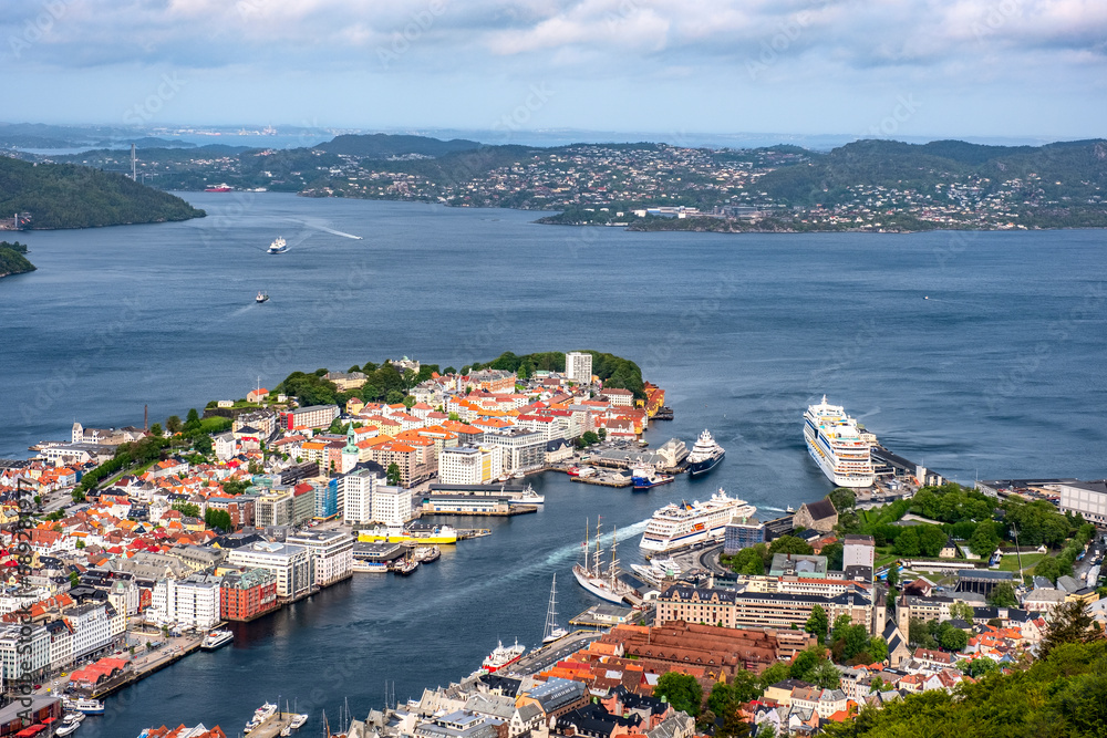 Panoramic view of Bergen from Mount Floyen. Bergen is the city and municipality in Hordaland on the west coast of Norway 