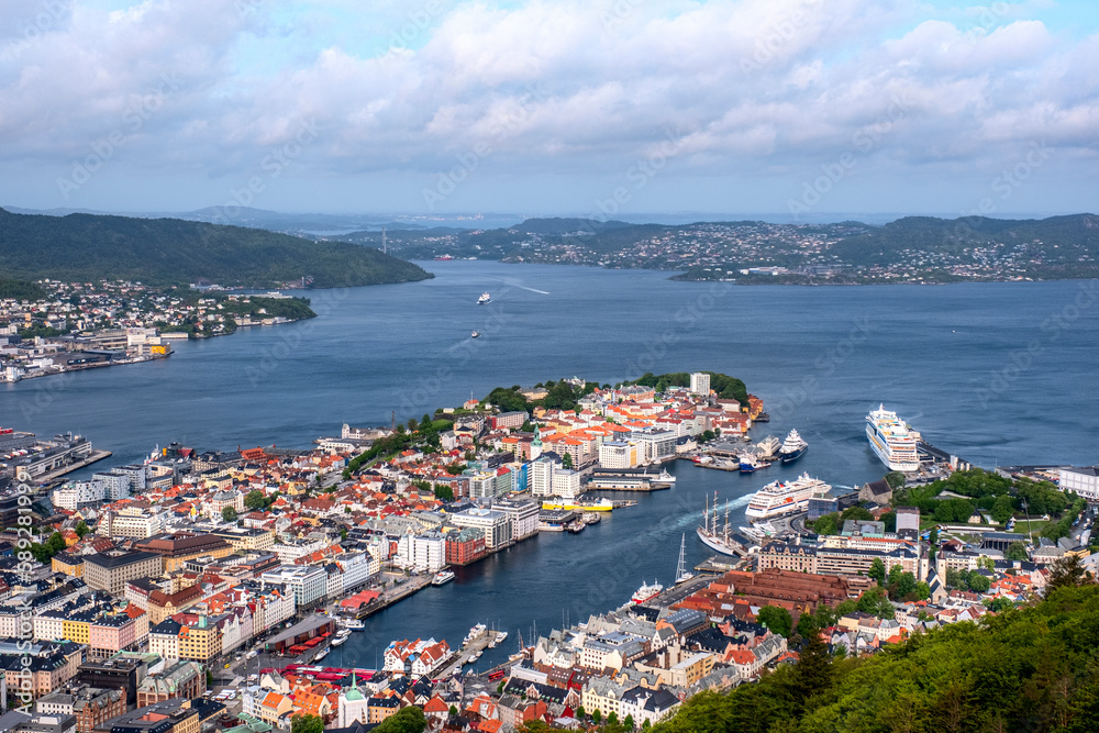 Panoramic view of Bergen from Mount Floyen. Bergen is the city and municipality in Hordaland on the west coast of Norway 