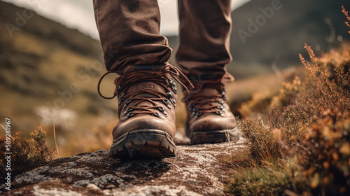 Male hiker walking on scenic mountain trail with close-up of leather hiking boots