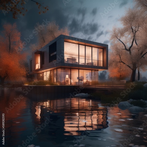 Modern house near a lake, architectural photography © Enea