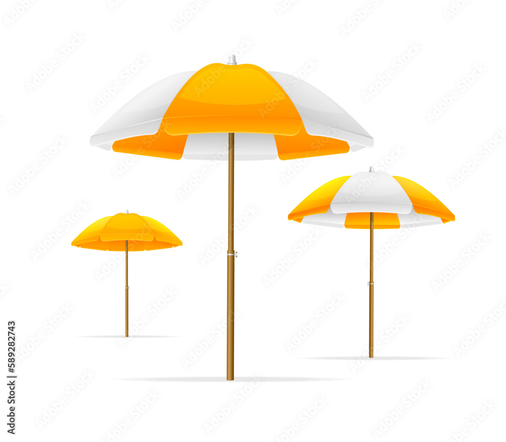 Summer 2023 Concept Realistic Detailed 3d Yellow Sun Umbrellas Set. Vector illustration of Parasol or Beach Umbrella