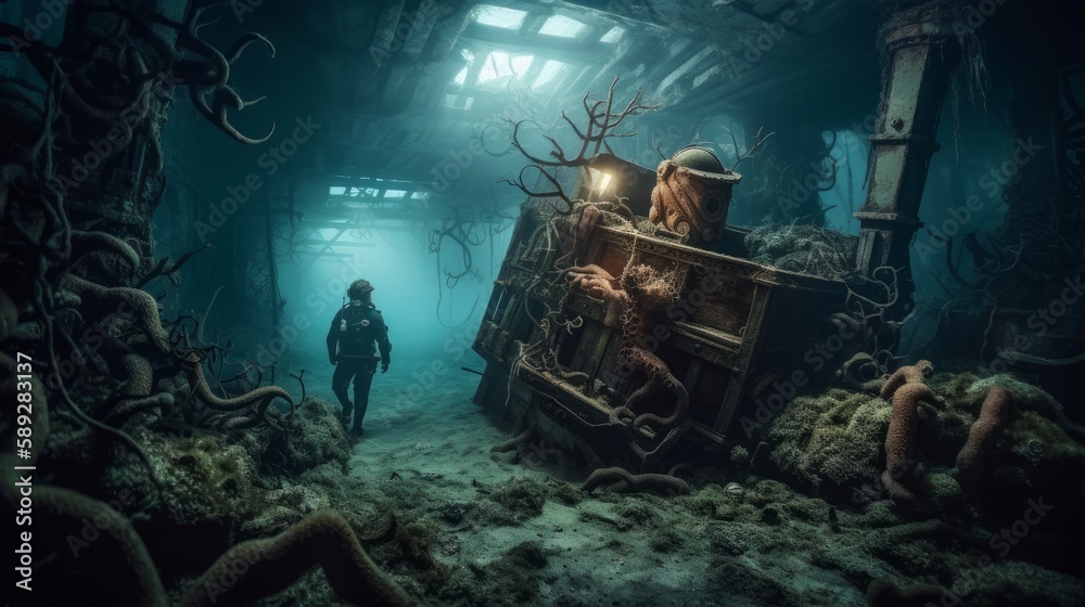 Treasure Hunt DeepSea Diver Explores Sunken Ship Wreck with Octopus