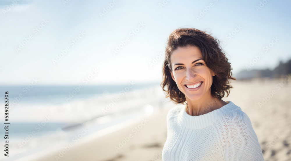 Serenely smiling brunette woman at the beach in light-colored clothes, shallow depth of field with blurred sea background. Generative AI Serenely smiling brunette woman at the beach in light-colored clothes, shallow depth of field with blurred sea background. Generative AI