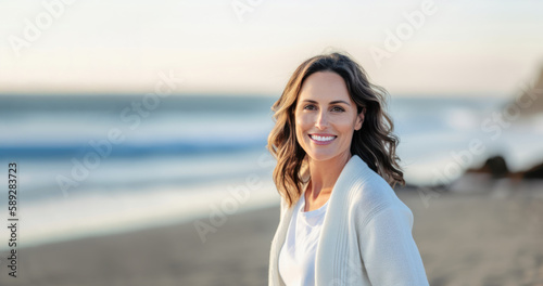 Serene smile of a 40-year-old woman in light colors and sky blue sweater on the beach. Generative AI