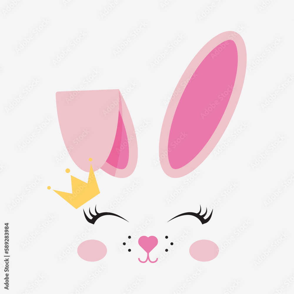Cute bunny rabbit with pink heart and princess crown. Vector illustration