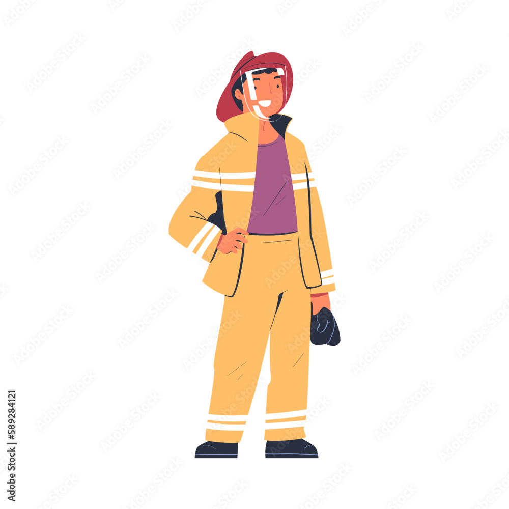 Professional firefighter character in uniform and helmet. Rescue emergency service in action cartoon vector illustration Professional firefighter character in uniform and helmet. Rescue emergency service in action cartoon vector illustration
