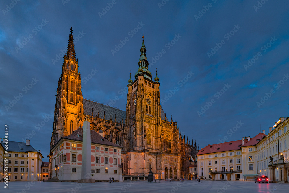 Prague castle square in blue hours in cloudy spring evening