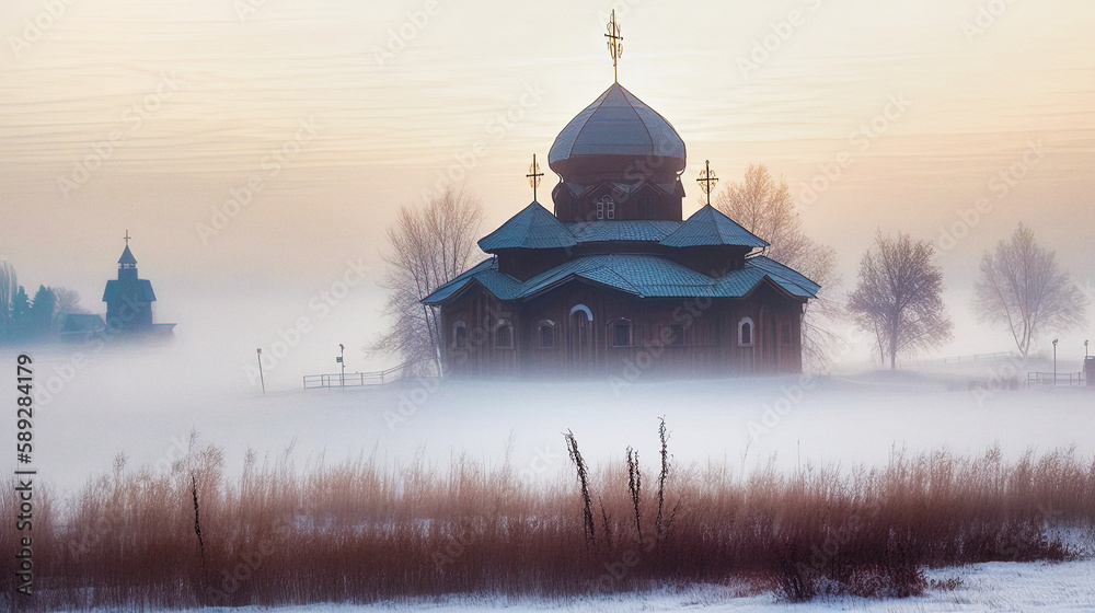 Orthodox wooden church on Kizhi island in winter mist - generative ai