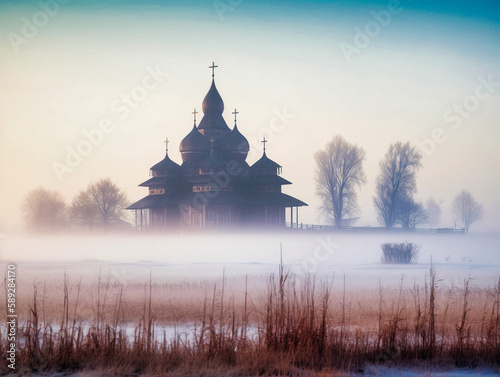 Orthodox wooden church on Kizhi island in winter mist - generative ai