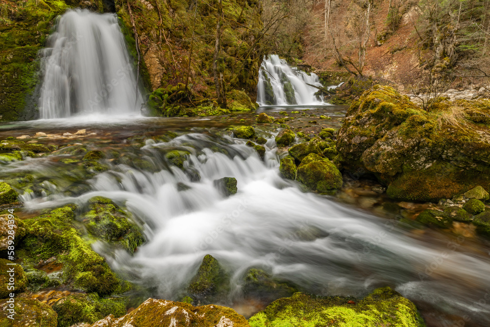 Fototapeta premium Bohinj Bistrica waterfall and spring in north fresh Slovenia in nice forest
